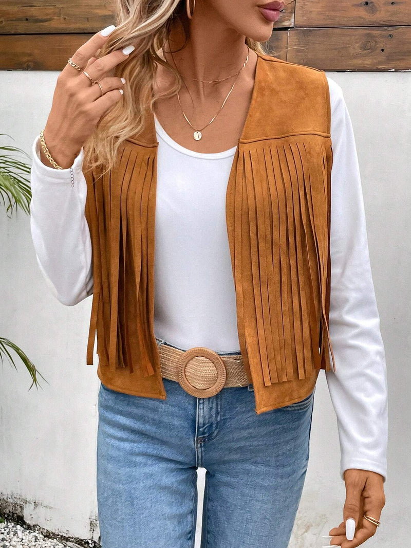 VCAY Chaqueta Sin Mangas Con Flecos Para Mujer, Marron