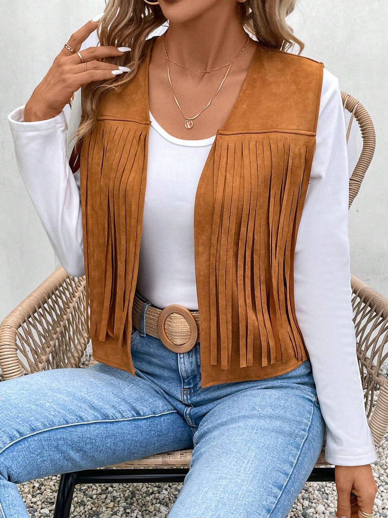 VCAY Chaqueta Sin Mangas Con Flecos Para Mujer, Marron