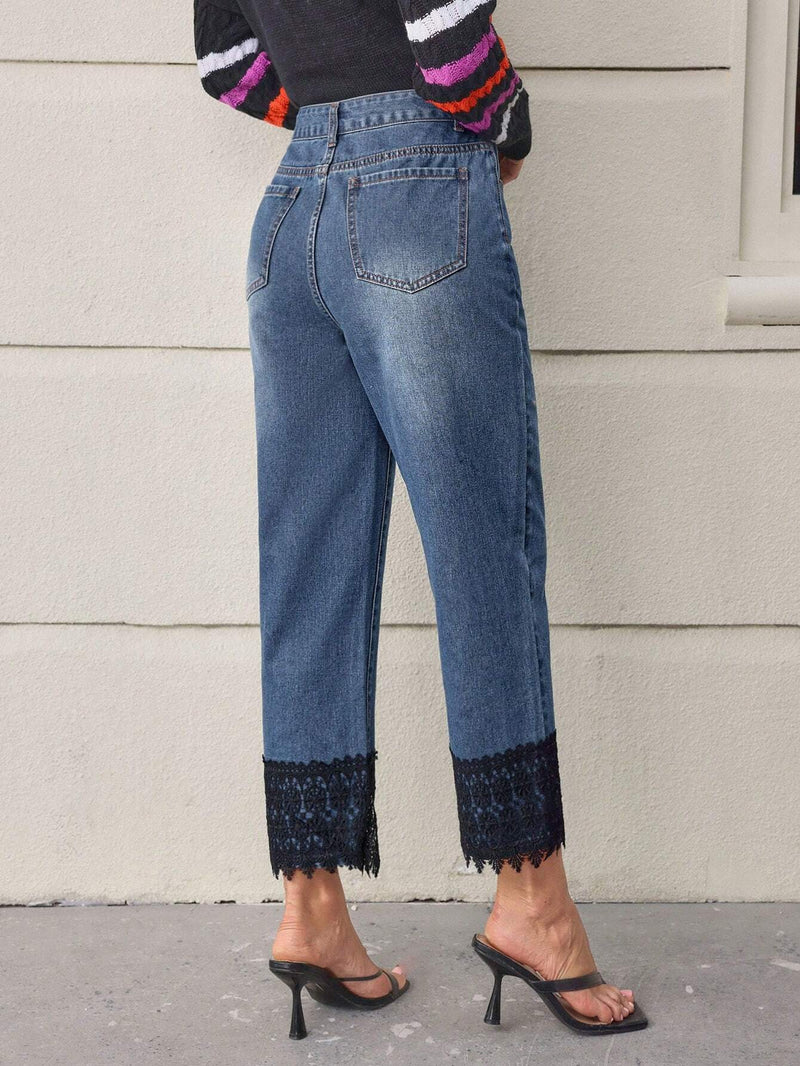 LUNE Jeans De Pierna Recta Con Patchwork De Encaje Para Mujer