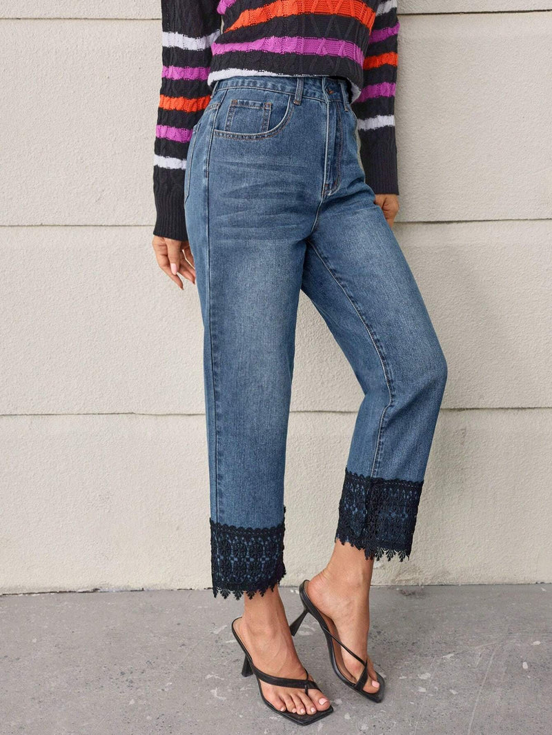 LUNE Jeans De Pierna Recta Con Patchwork De Encaje Para Mujer