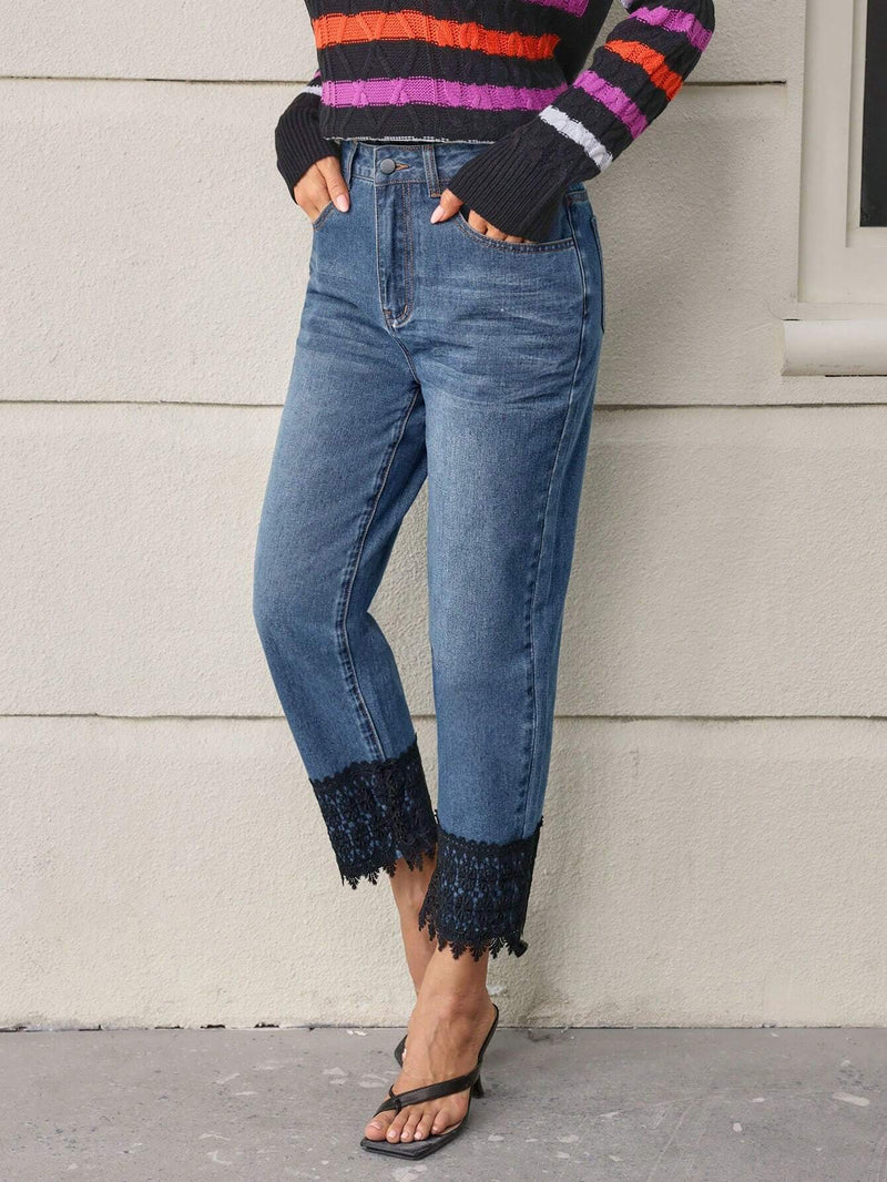 LUNE Jeans De Pierna Recta Con Patchwork De Encaje Para Mujer