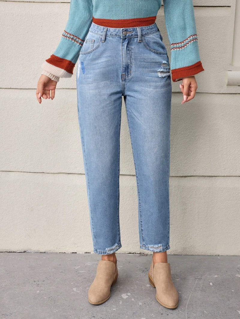 LUNE Jeans Para Mujer Con Pluma Impresa Y Desgastada