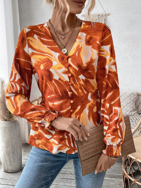 VCAY Blusa Con Detalle De Boton Y Puno Fruncido Con Estampado Completo, Escote En V