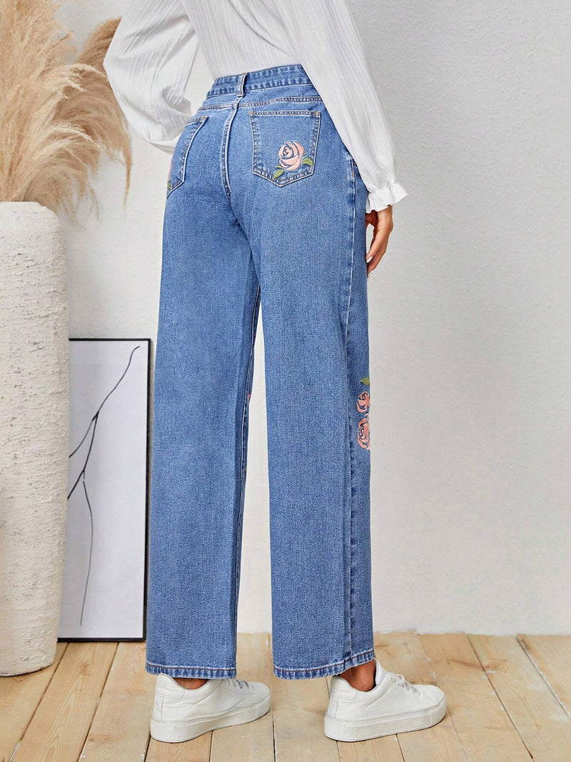 LUNE Jeans De Pierna Recta Con Bordado Floral Para Mujer