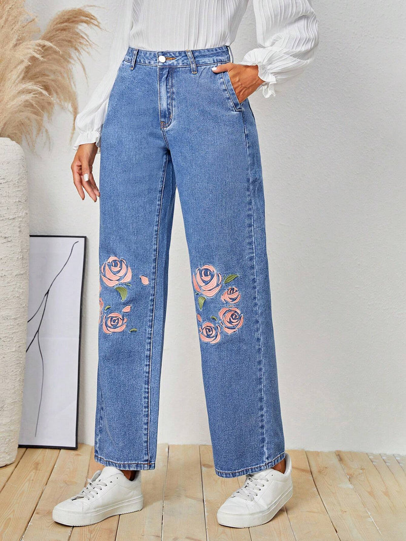 LUNE Jeans De Pierna Recta Con Bordado Floral Para Mujer