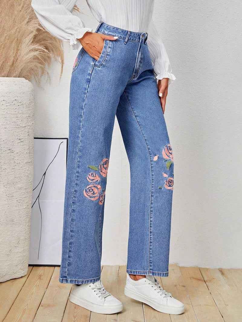 LUNE Jeans De Pierna Recta Con Bordado Floral Para Mujer