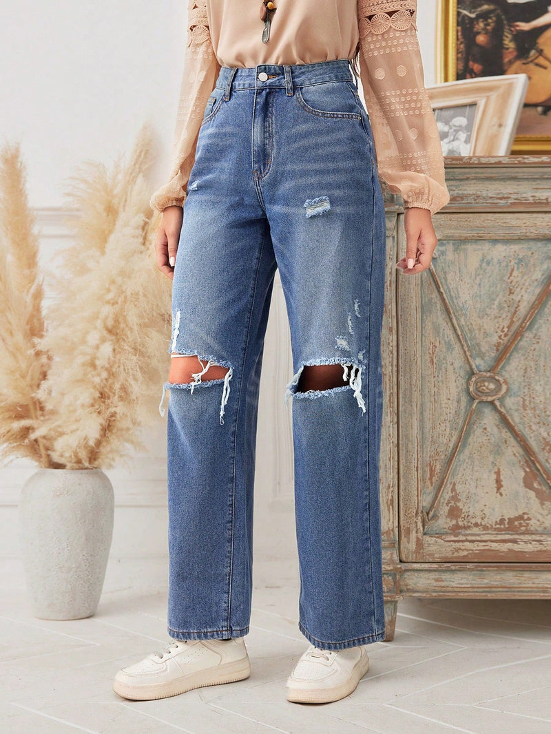 Jeans Rectos Desgastados Para Mujer