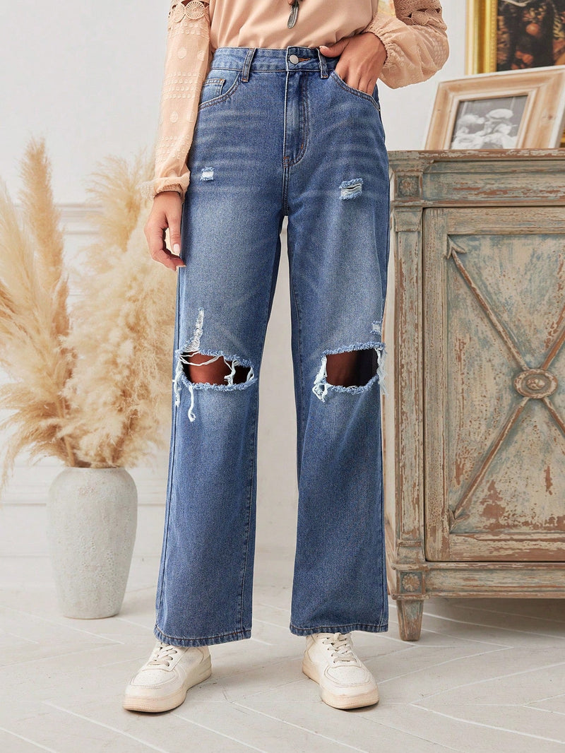 Jeans Rectos Desgastados Para Mujer