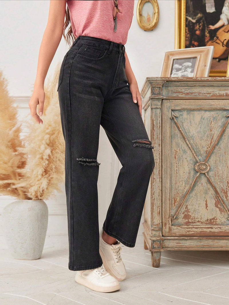 LUNE Pantalones Jeans Rectos De Pierna Ancha Y Parches Para Mujeres Desgastados