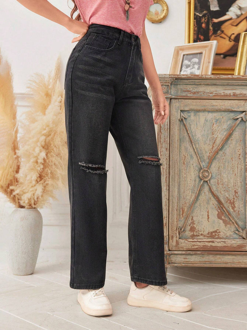 LUNE Pantalones Jeans Rectos De Pierna Ancha Y Parches Para Mujeres Desgastados