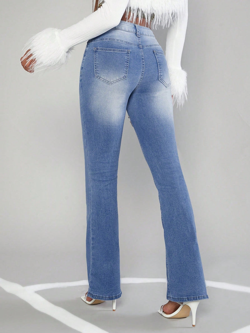 Jeans De Campana Ajustados Para Mujer Con Diamante Incrustado Y Detalles De Perforaciones