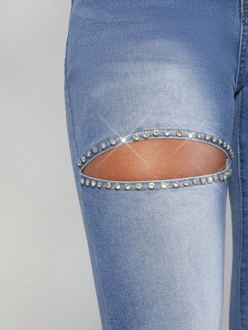 Jeans De Campana Ajustados Para Mujer Con Diamante Incrustado Y Detalles De Perforaciones