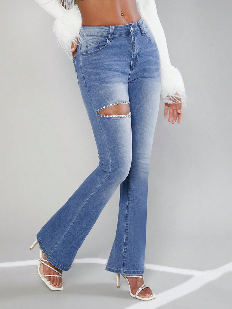 Jeans De Campana Ajustados Para Mujer Con Diamante Incrustado Y Detalles De Perforaciones