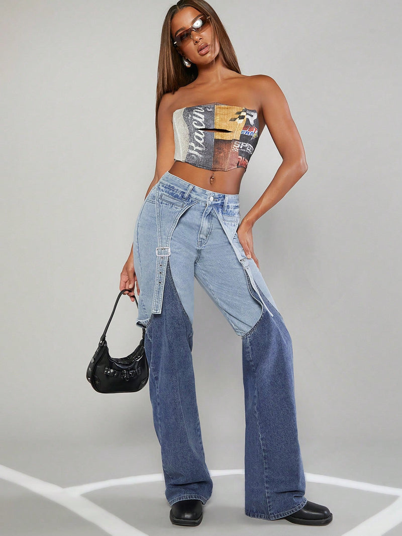 Jeans De Pierna Recta De Moda Para Mujer Con Parches