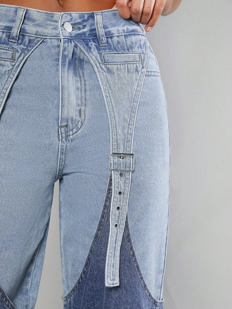 Jeans De Pierna Recta De Moda Para Mujer Con Parches