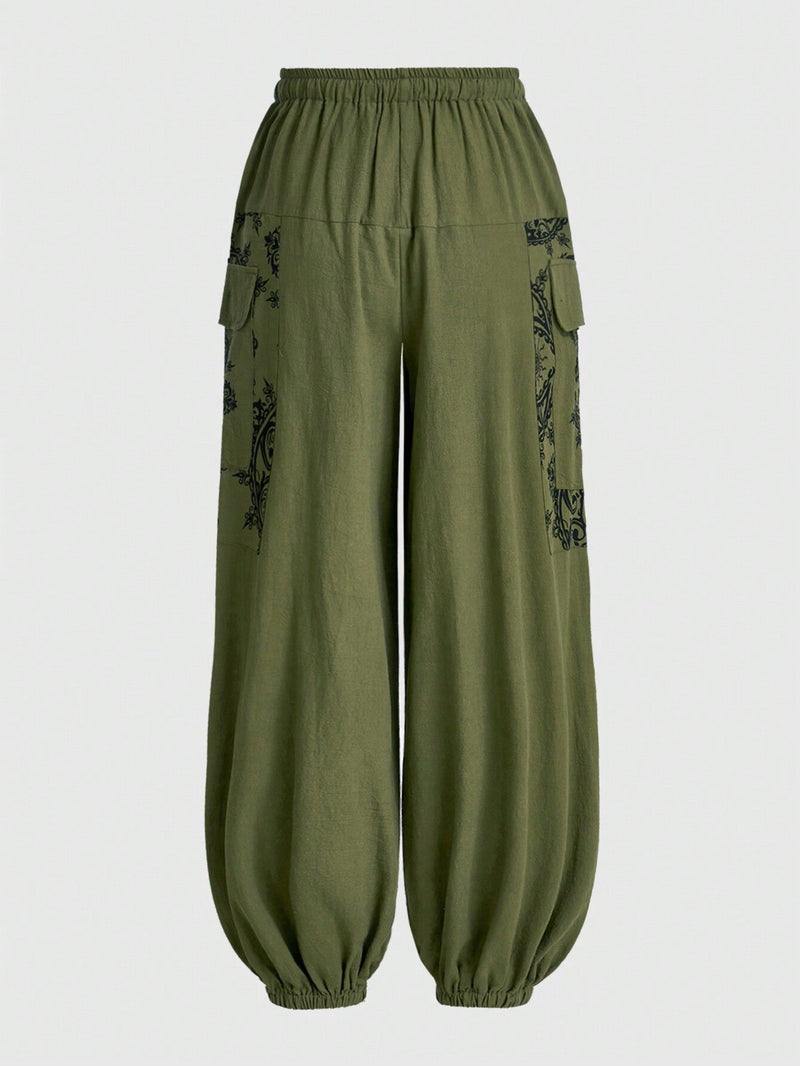 ROMWE Hippie Pantalones De Carga Con Patron Bohemio Elf Nepal Sun Moon Star