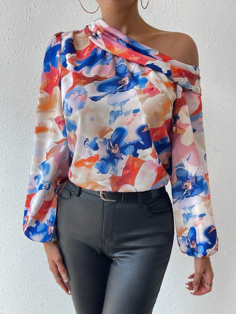 Prive Blusa De Manga Larga Con Manga De Linterna, Cuello Asimetrico Con Estampado Floral