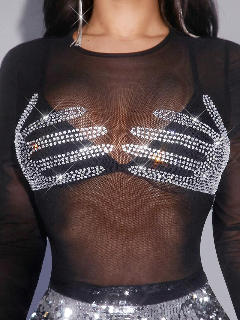 SXY Top De Malla Para Mujer Con Patron De Diamantes De Imitacion Con Forma De Mano