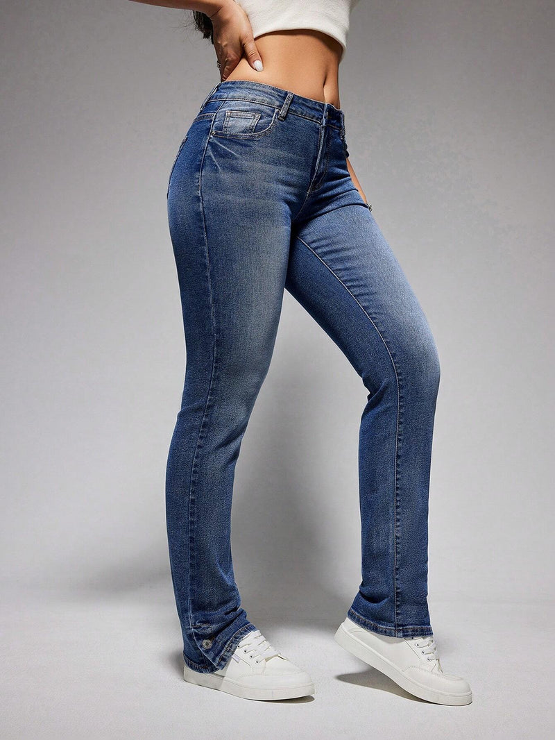 Jeans Con Botones Y Ajustados Para Mujer Con Detalle De Bigotes De Gato En El Dobladillo