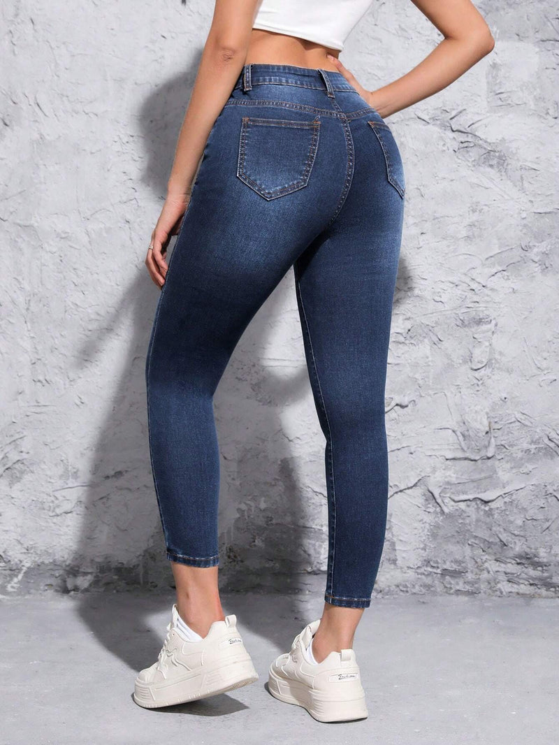 PETITE Jeans Ajustados De Talle Alto En Azul Oscuro Para Mujer