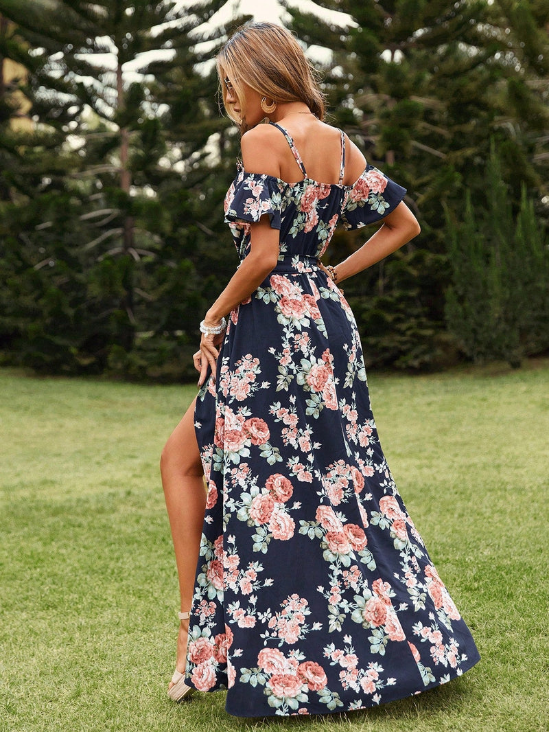 VCAY Vestido con cinturon con estampado floral de hombros descubiertos bajo cruzado