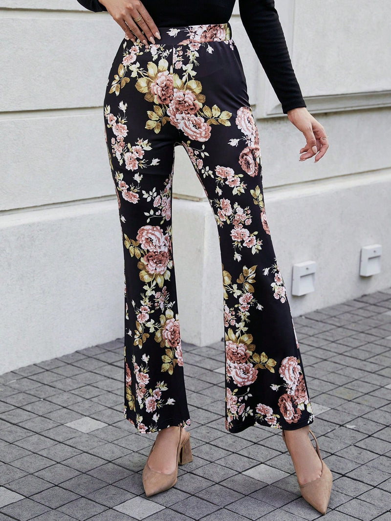 Pantalones Acampanados Con Estampado Floral Para Mujer