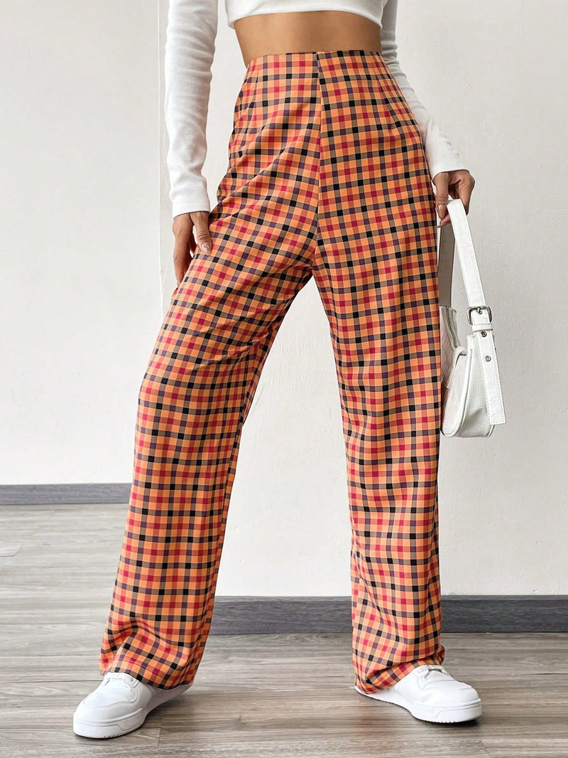 Pantalones A Cuadros De Talle Alto Para Mujer