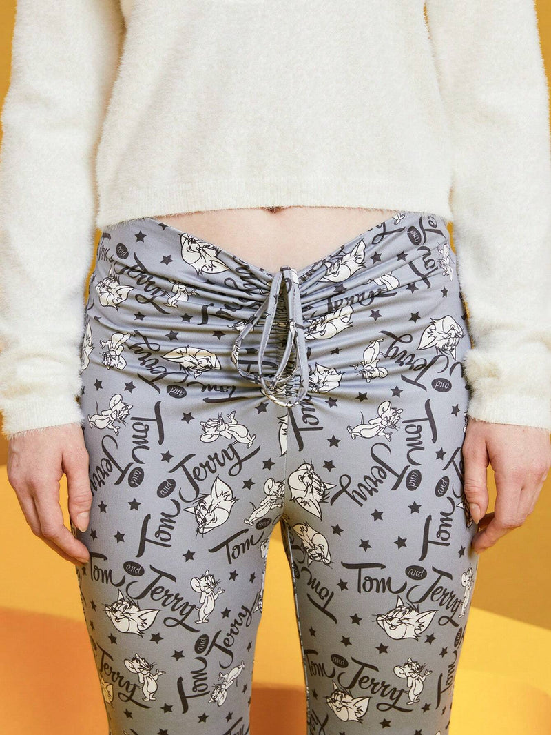 TOM & JERRY X  Pantalones De Fondo De Campana De Cordon Con Estampado De Caricaturas Para Mujer