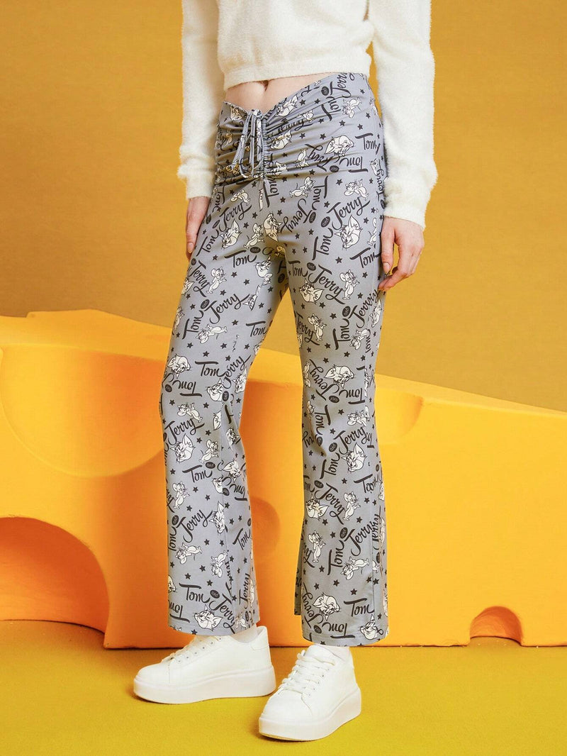 TOM & JERRY X  Pantalones De Fondo De Campana De Cordon Con Estampado De Caricaturas Para Mujer