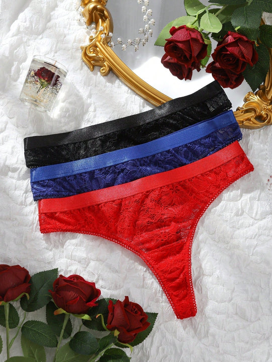 Tangas De Encaje Para Mujeres, 3 Piezas / Set (edicion Del Dia De San Valentin) Lenceria