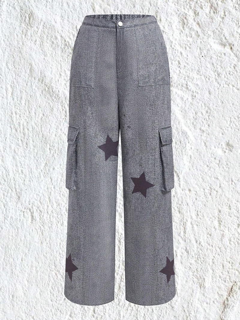 EZwear Pantalones Cargo Con Estampado De Estrellas Para Mujer Con Bolsillos Con Solapa Lateral