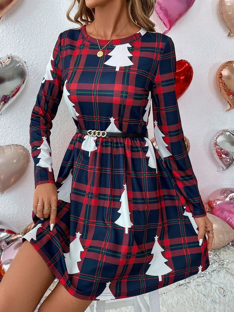 Vestido linea A arbol de Navidad & con estampado de cuadros