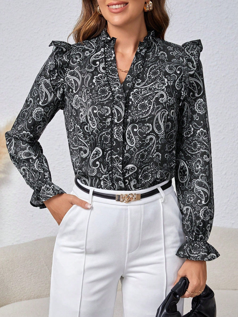 Frenchy Camisa De Mujer Con Estampado De Cachemira Y Detalle De Encaje