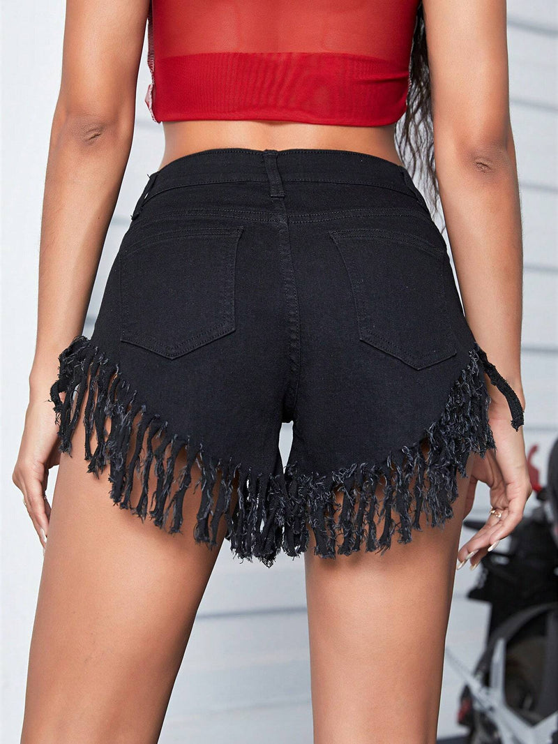 Shorts Vaqueros Ultra Cortos Sexy Con Adornos De Flecos Para Mujeres