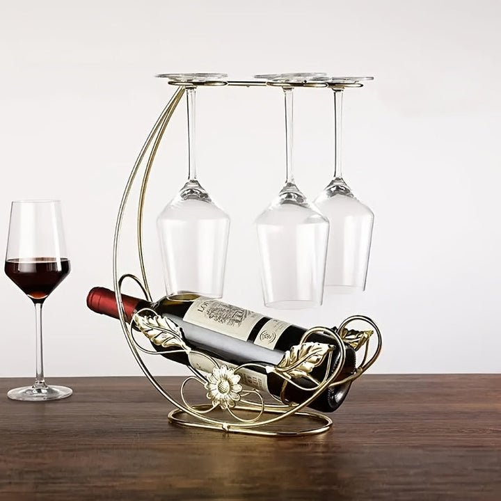 Soporte de vino de metal al estilo europeo vintage y portavasos – Diseño de hábitat verde elegante, perfecto para armarios de vino, restaurantes, bares y decoración de fiestas. Sostiene 1 botella de vino y 4 vasos – Ideal regalo de vacaciones