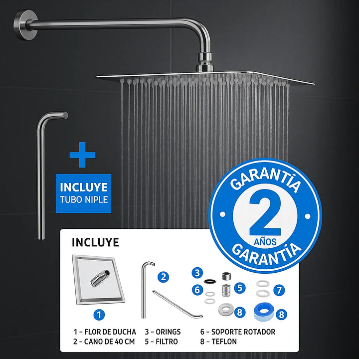 Kit Regadera Cuadrada Ducha Acero Inoxidable 20 X 20 Mas Tubo