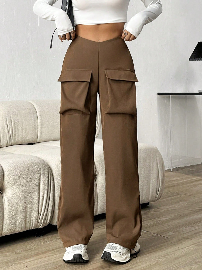 Pantalones Rectos Con Bolsillo De Solapa Y Cintura Elastica