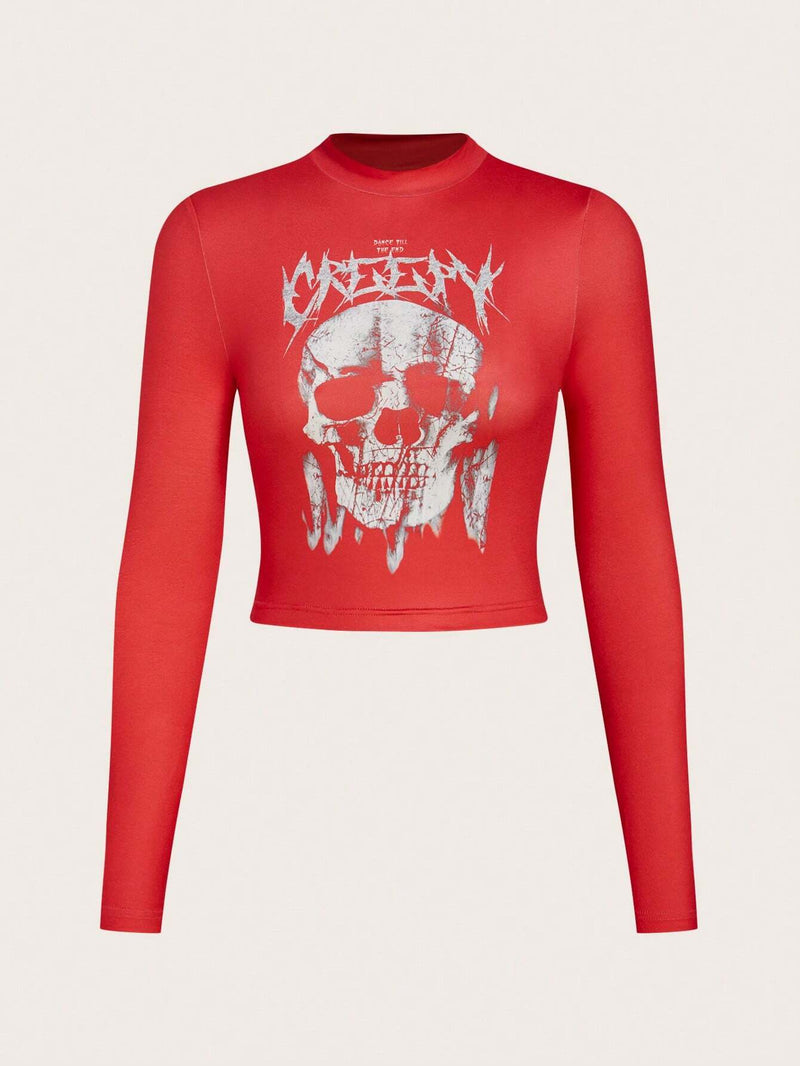 EZwear Camiseta De Manga Larga Tejida Roja Con Estampado De Calavera Y Texto