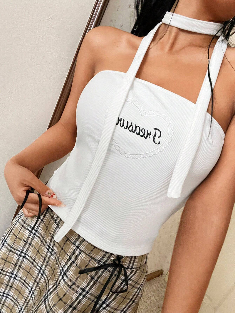 EZwear Top De Ribete De Mujer Sin Tirantes Con Detalle De Letras Bordadas Y Cinturon Decorativo