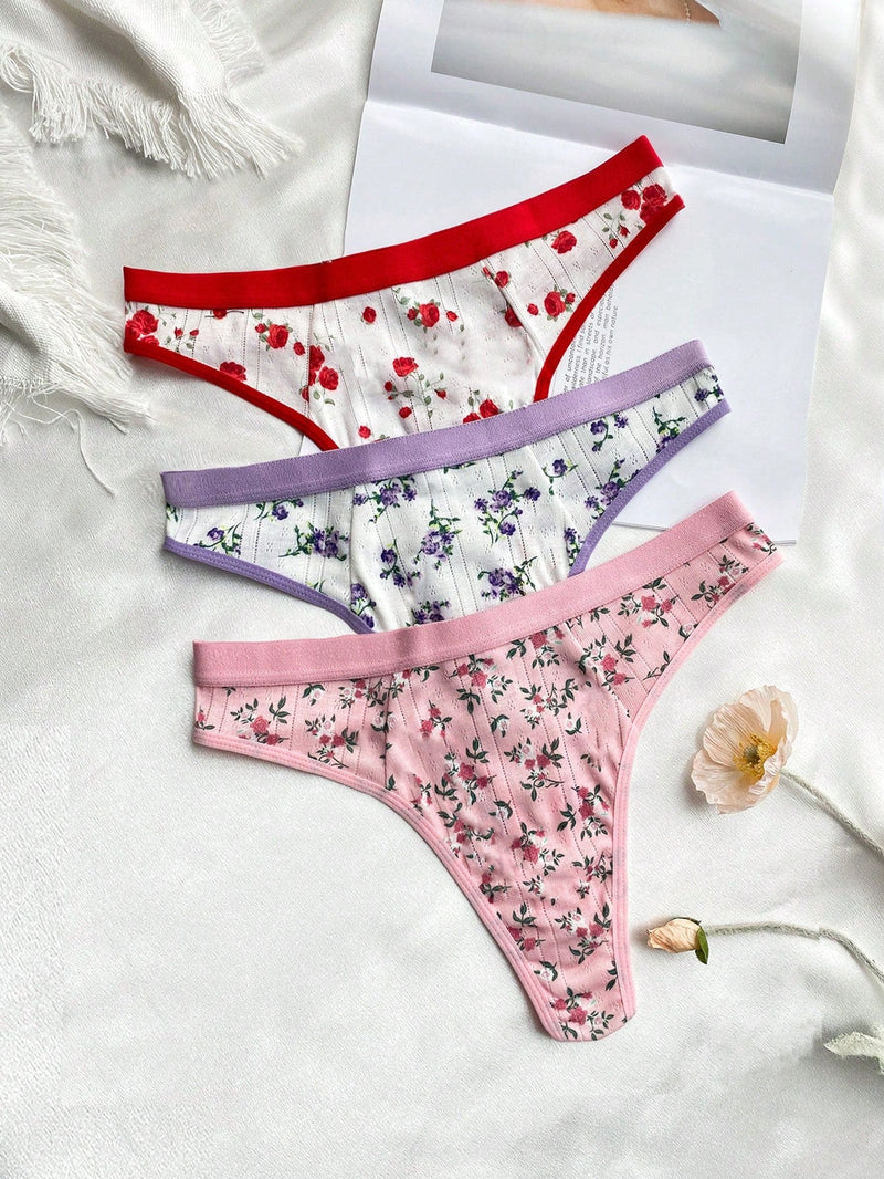 3 Unids/set Bragas De Tanga Con Estampado Floral Para Mujer Con Borde De Encaje