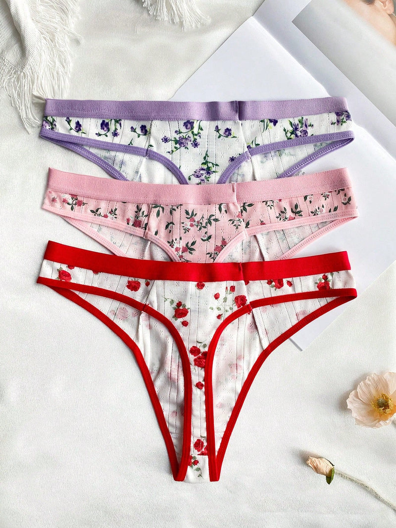 3 Unids/set Bragas De Tanga Con Estampado Floral Para Mujer Con Borde De Encaje