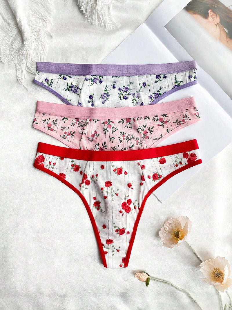 3 Unids/set Bragas De Tanga Con Estampado Floral Para Mujer Con Borde De Encaje