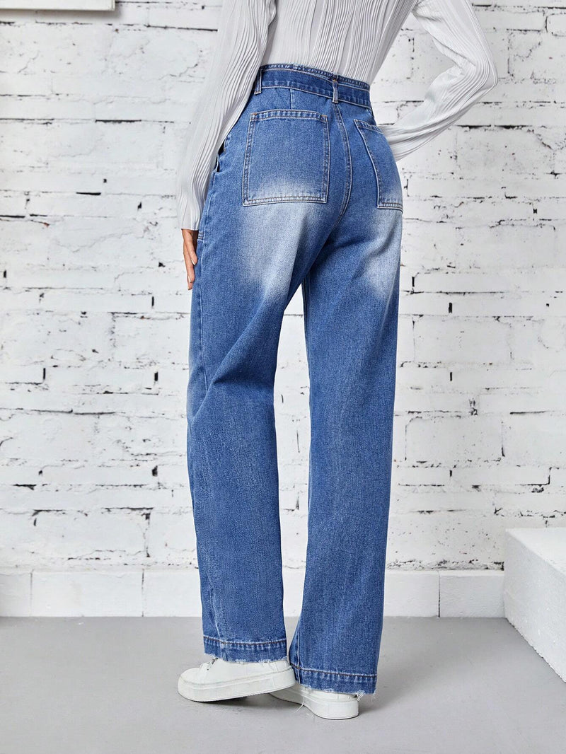 EZwear Jeans Rectos Con Bolsillos Y Cinturon De Cintura Alta Para Mujer