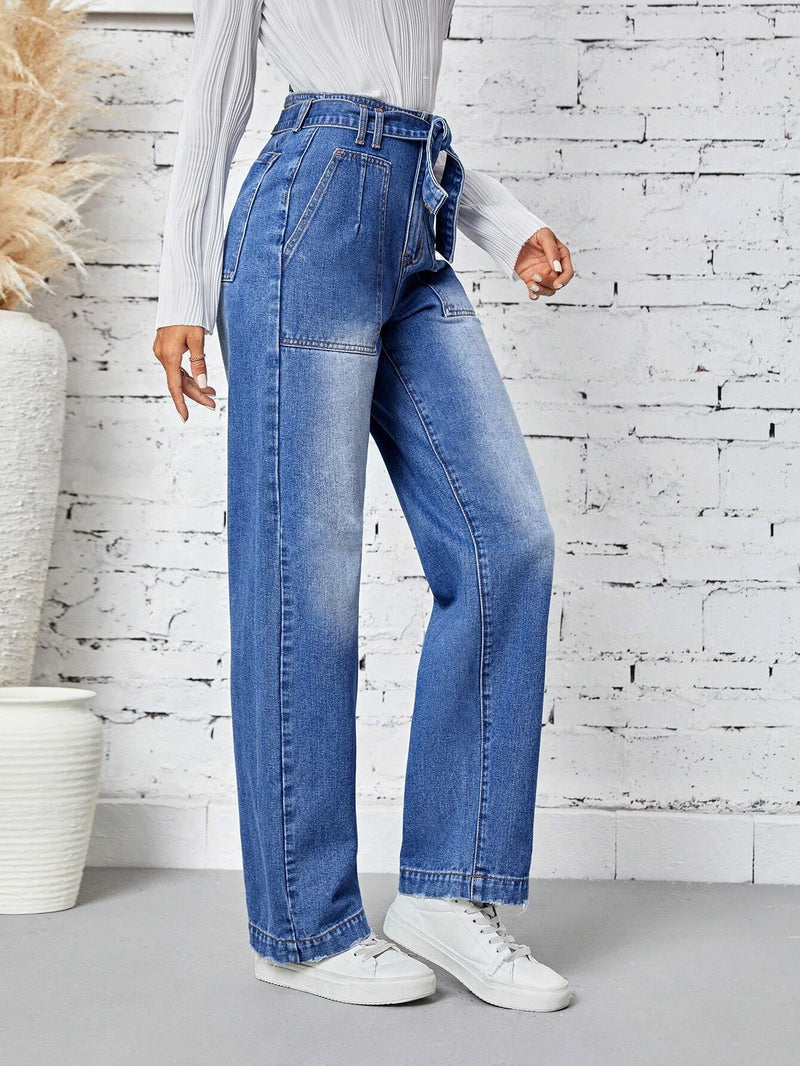 EZwear Jeans Rectos Con Bolsillos Y Cinturon De Cintura Alta Para Mujer