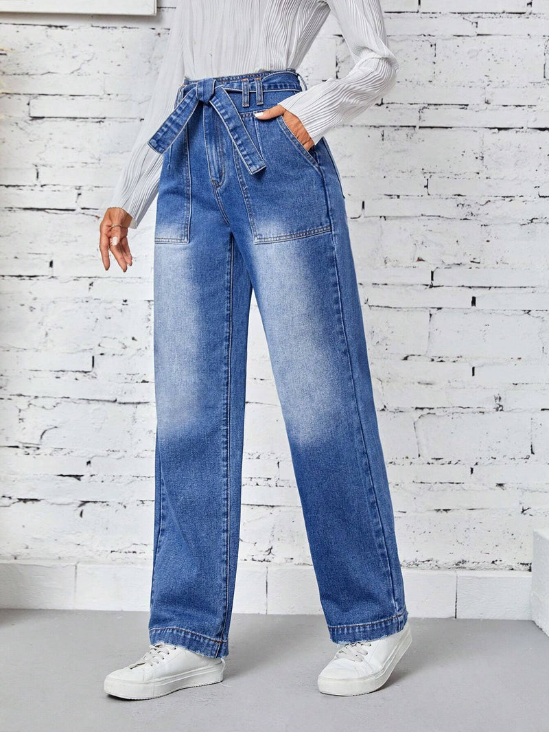 EZwear Jeans Rectos Con Bolsillos Y Cinturon De Cintura Alta Para Mujer