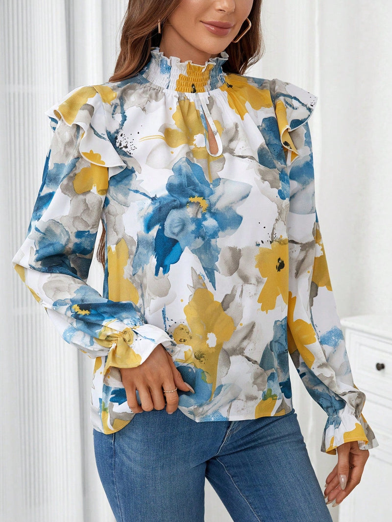 LUNE Camisa Con Cuello Alto Y Manga Con Volantes Y Estampado De Flores