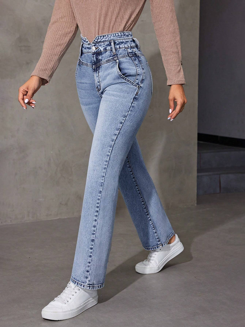 EZwear Jeans Para Mujer De Cintura Alta Con Bolsillo Inclinado Y Pierna Acampanada