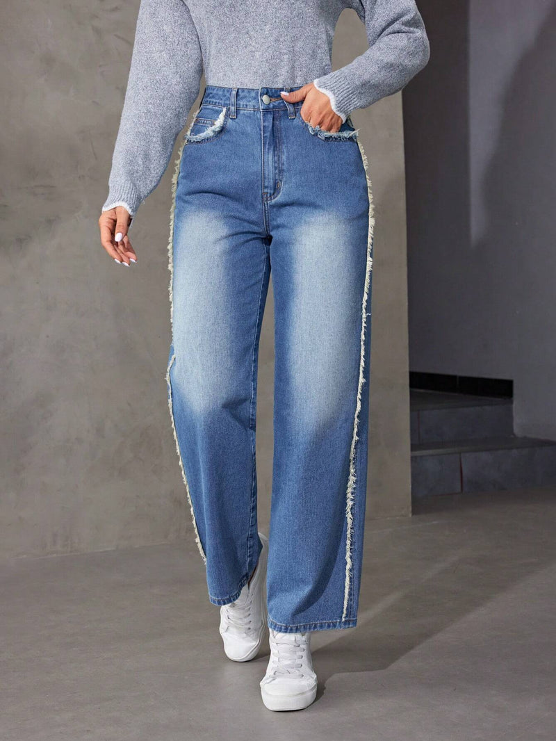 EZwear Jeans Versatiles De Pierna Recta Con Detalle De Flecos Para Mujer