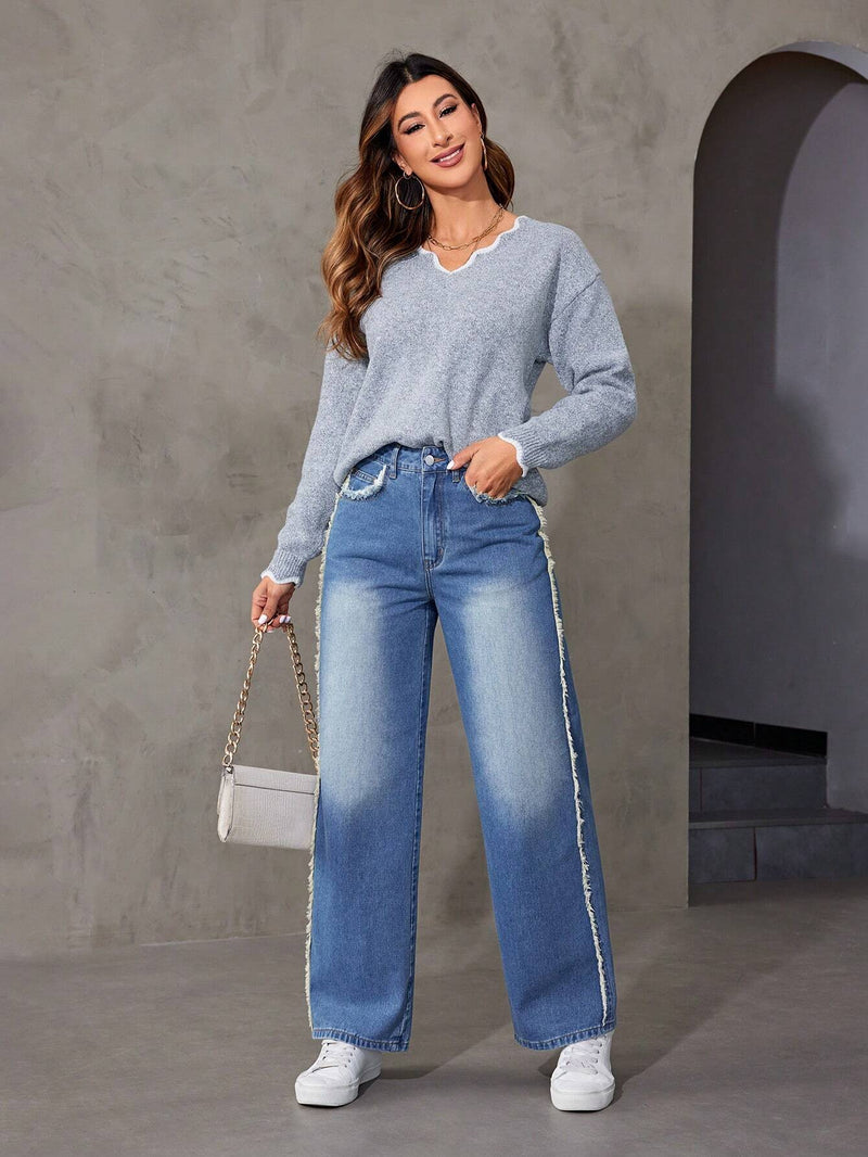 EZwear Jeans Versatiles De Pierna Recta Con Detalle De Flecos Para Mujer