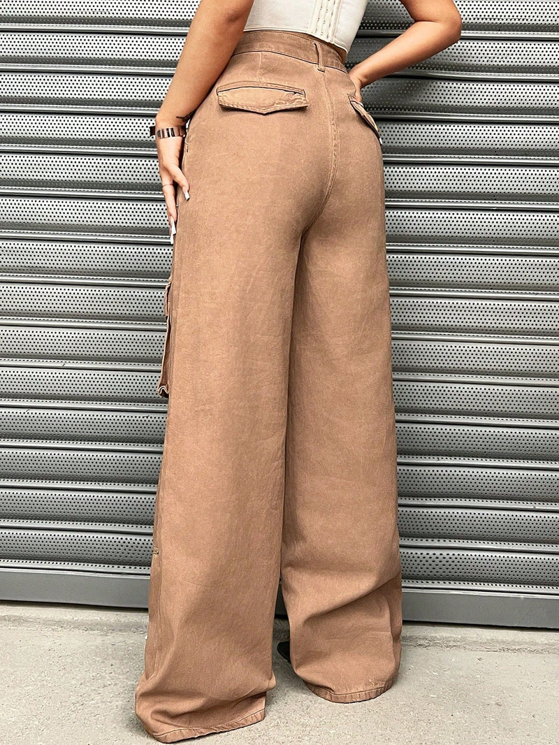 EZwear Pantalones De Mezclilla De Cintura Alta Para Mujer Con Cordon Y Estilo Retro Con Efecto Desgastado De Carga